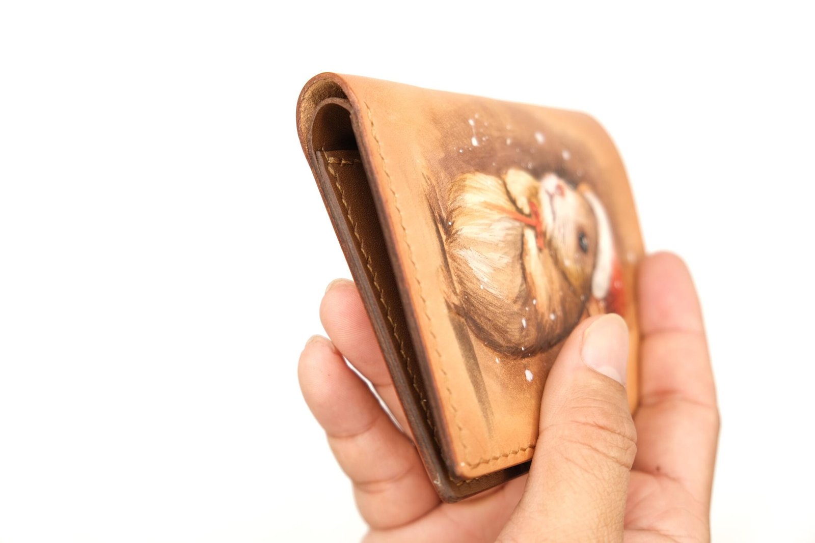 Vertical Bifold Leather Wallet with Hand-Carved Christmas Hamster – Holiday, Winter Art Wallet - Image 2