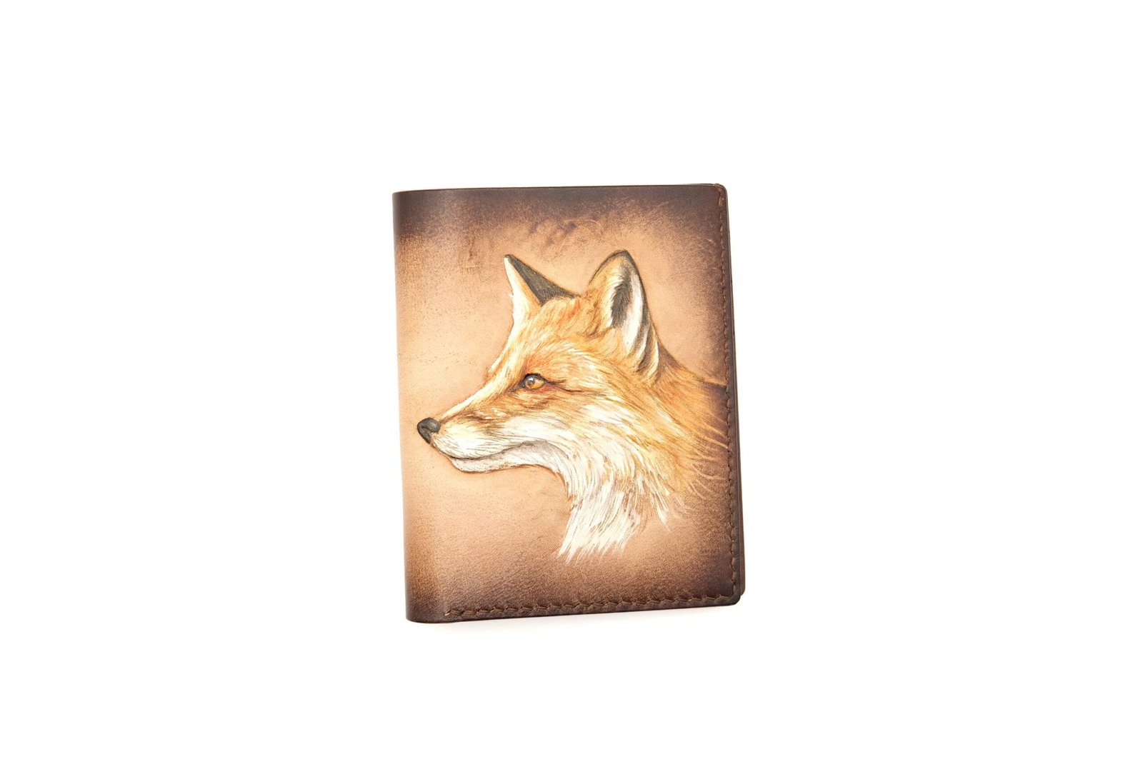 Vertical Bifold Leather Wallet with Hand-Carved Fox – Fox Art Wallet for Him or Her