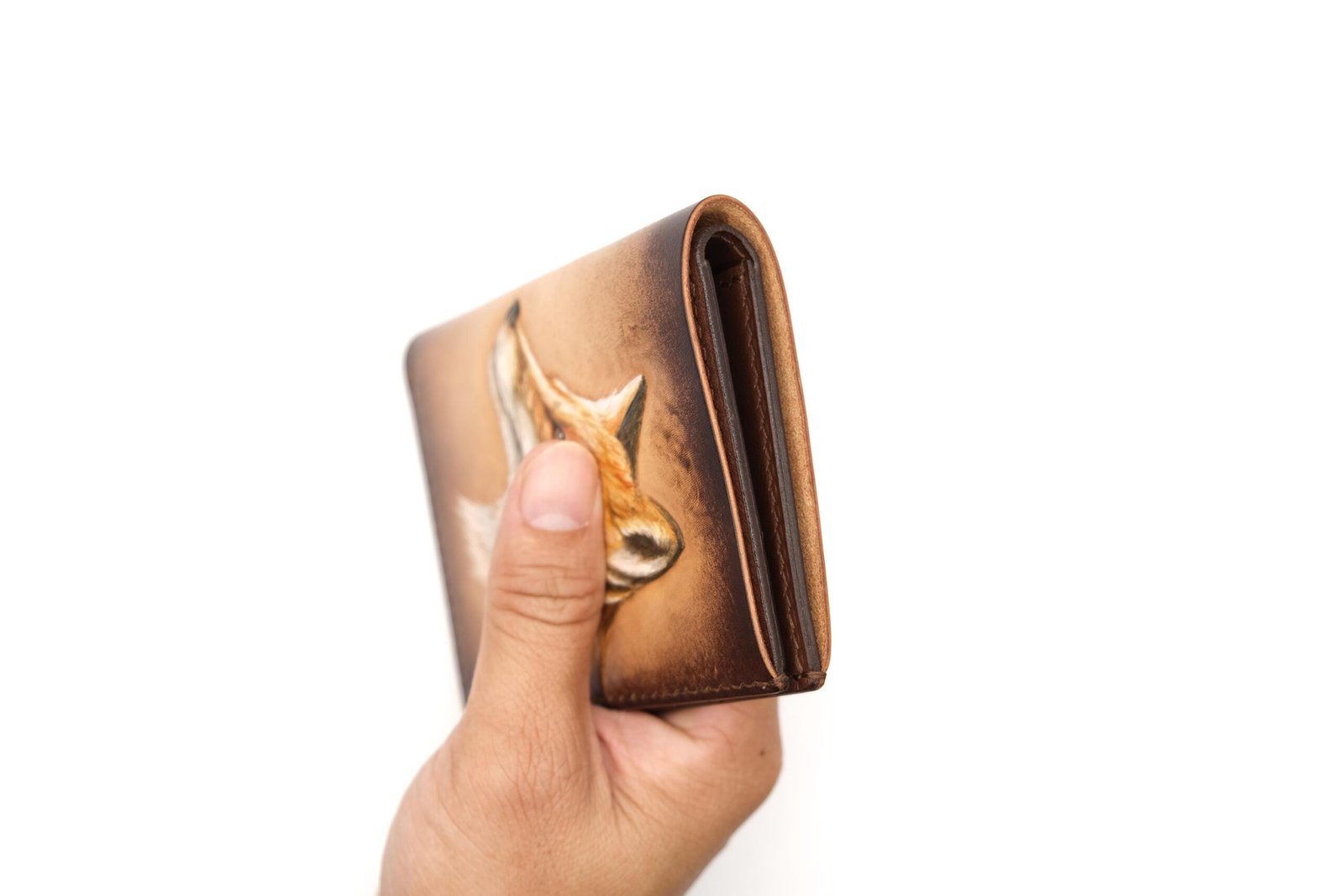 Vertical Bifold Leather Wallet with Hand-Carved Fox – Fox Art Wallet for Him or Her - Image 6