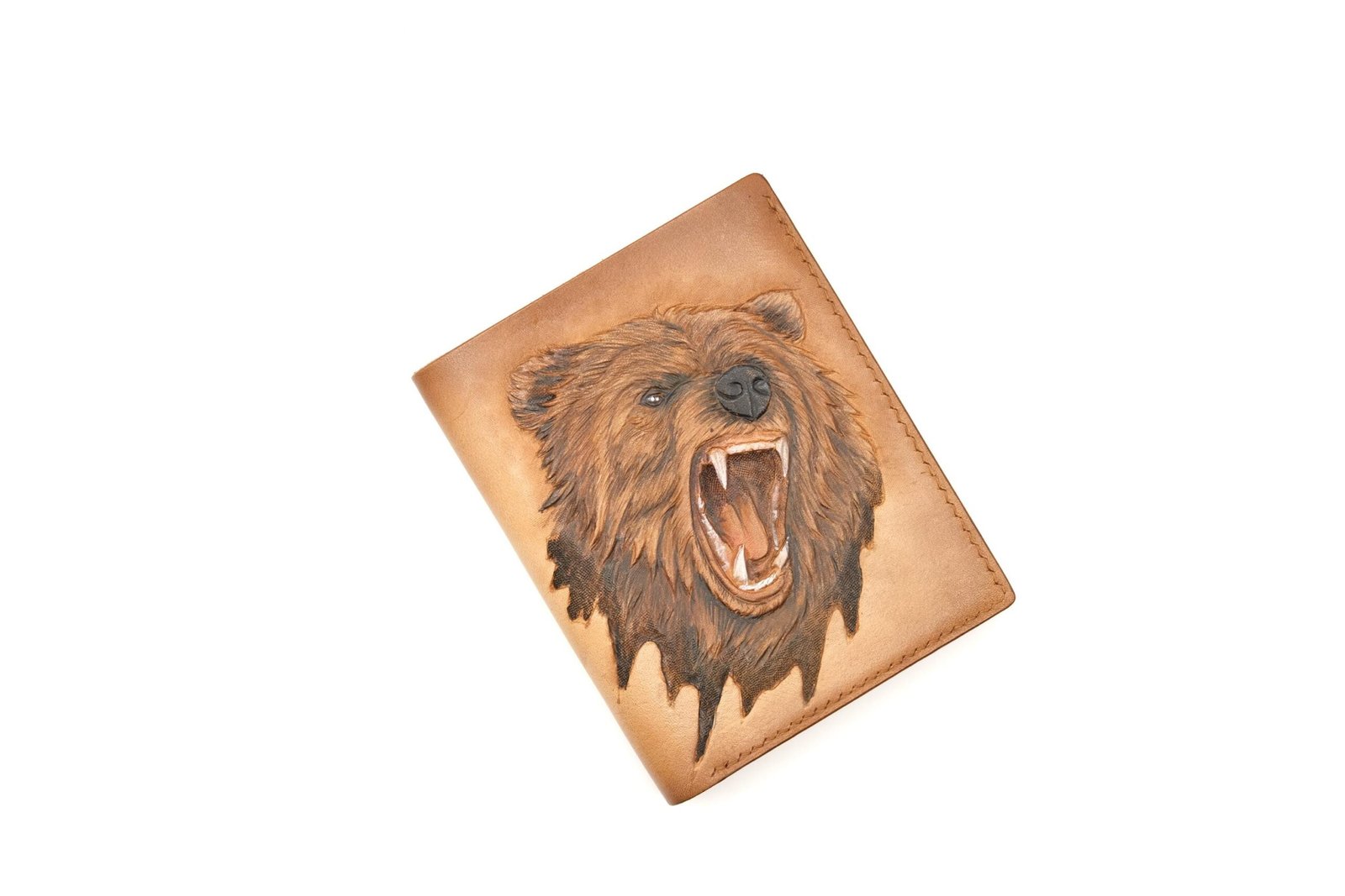 Vertical Bifold Leather Wallet with Hand-Carved Grizzly Bear – Handmade Bear Wallet, Wild Animal Gift for Him - Image 3