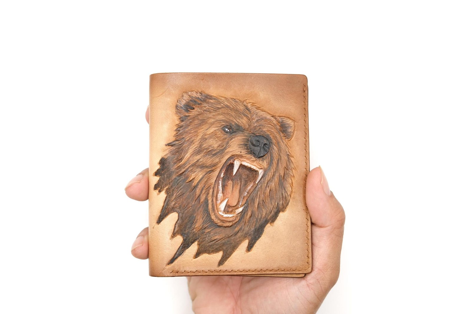 Vertical Bifold Leather Wallet with Hand-Carved Grizzly Bear – Handmade Bear Wallet, Wild Animal Gift for Him - Image 7