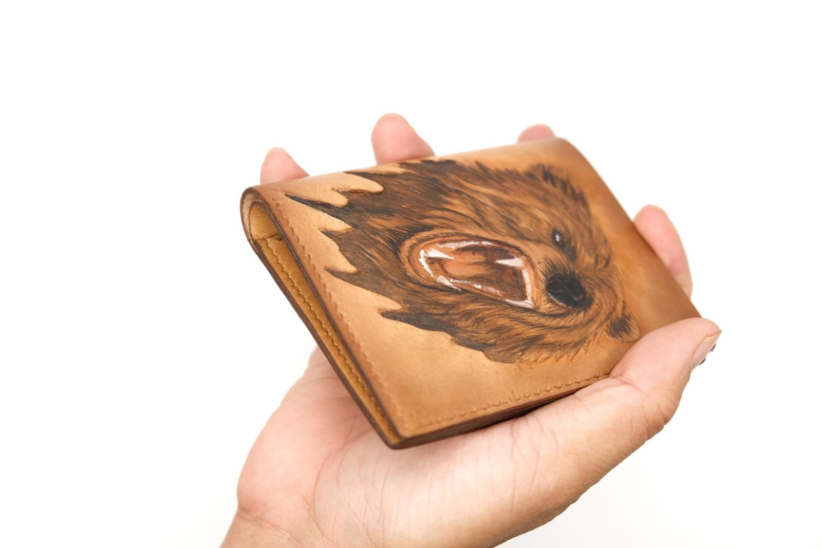 Vertical Bifold Leather Wallet with Hand-Carved Grizzly Bear – Handmade Bear Wallet, Wild Animal Gift for Him - Image 8