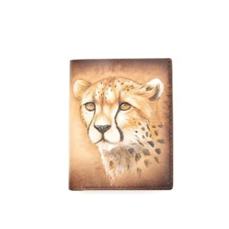 Vertical Bifold Leather Wallet with Hand-Carved Cheetah – Handmade Wild Cat Wallet, Safari Gift for Him