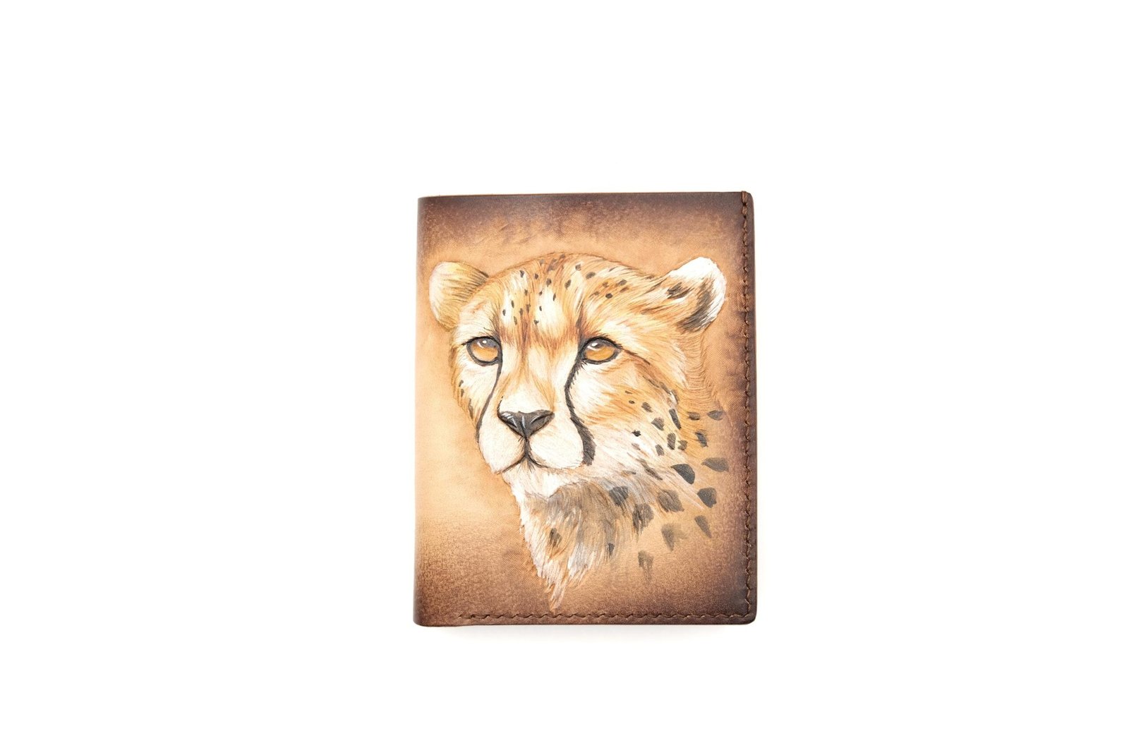 Vertical Bifold Leather Wallet with Hand-Carved Cheetah – Handmade Wild Cat Wallet, Safari Gift for Him