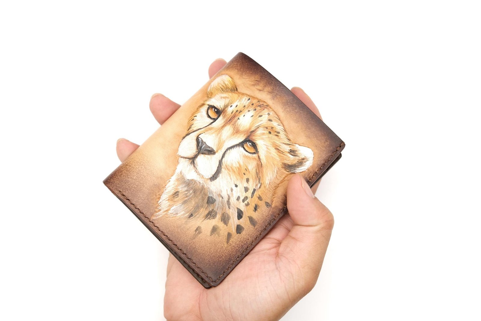 Vertical Bifold Leather Wallet with Hand-Carved Cheetah – Handmade Wild Cat Wallet, Safari Gift for Him - Image 5