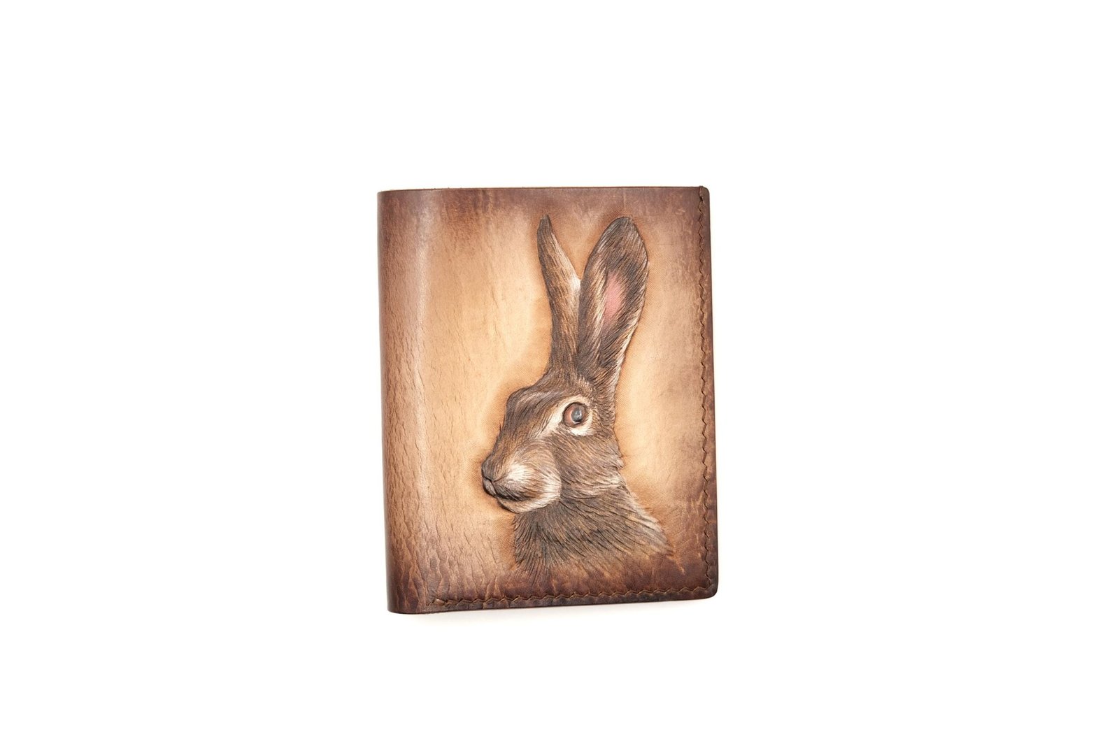 Vertical Bifold Leather Wallet with Hand-Carved Rabbit – Bunny Wallet, Gift for Him or Her