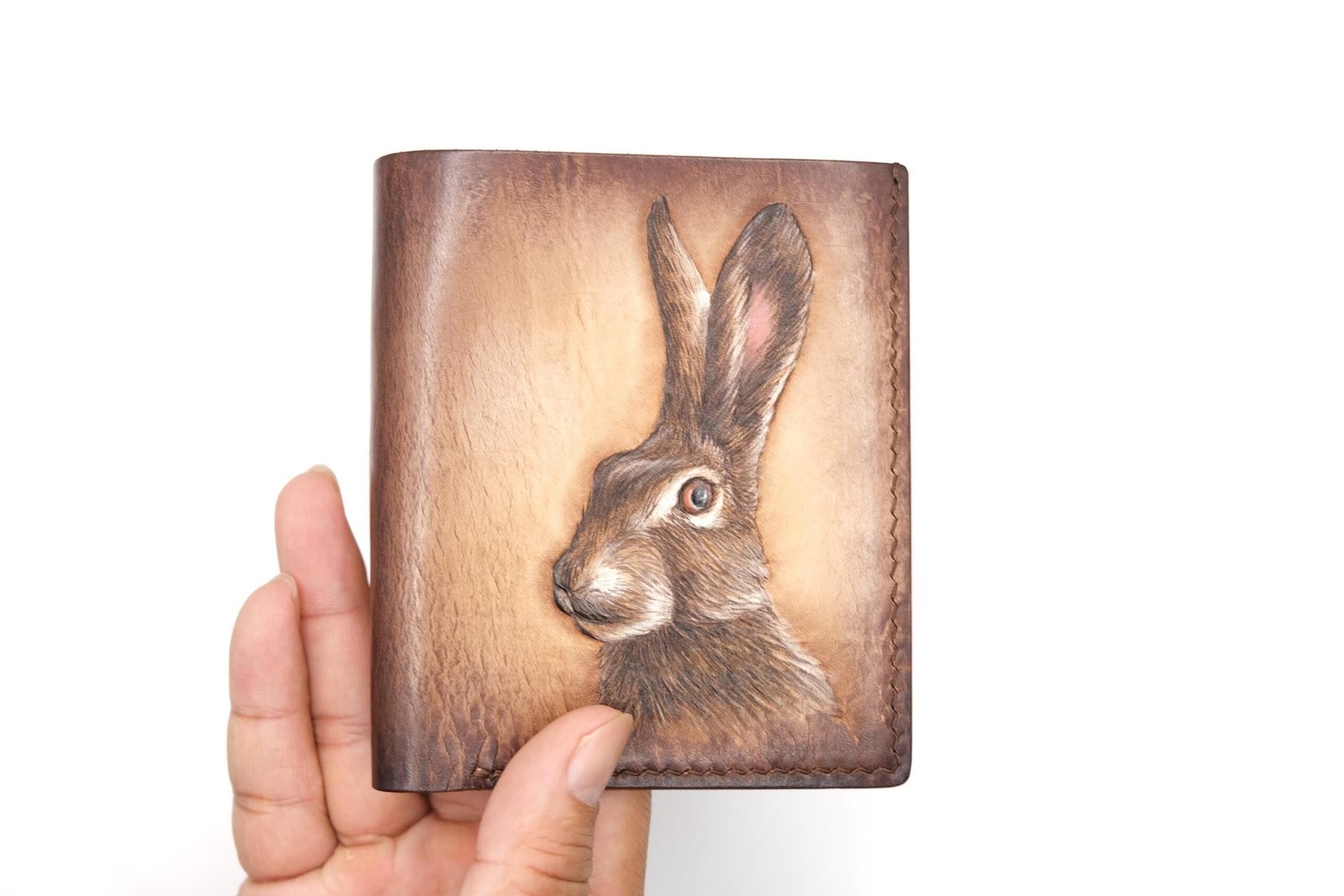 Vertical Bifold Leather Wallet with Hand-Carved Rabbit – Bunny Wallet, Gift for Him or Her - Image 9