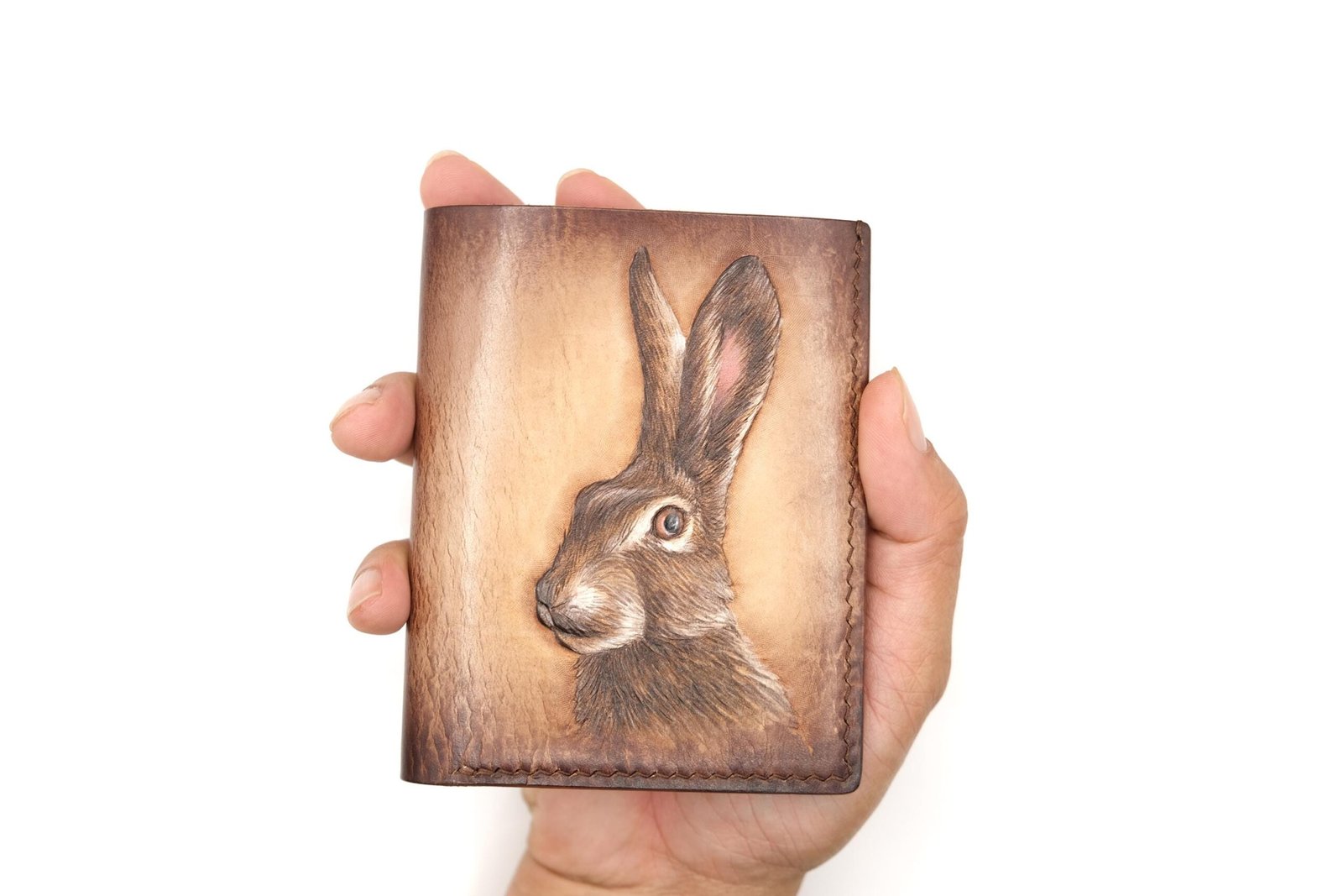 Vertical Bifold Leather Wallet with Hand-Carved Rabbit – Bunny Wallet, Gift for Him or Her - Image 7
