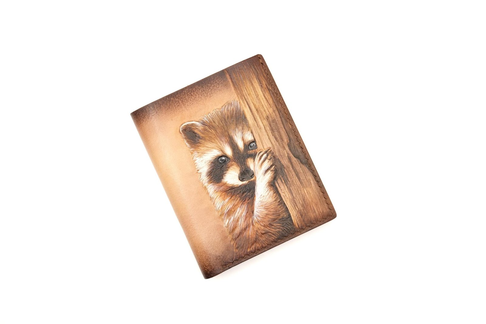 Vertical Bifold Leather Wallet with Hand-Carved Raccoon – Forest Wildlife Wallet, Unique Gift - Image 3