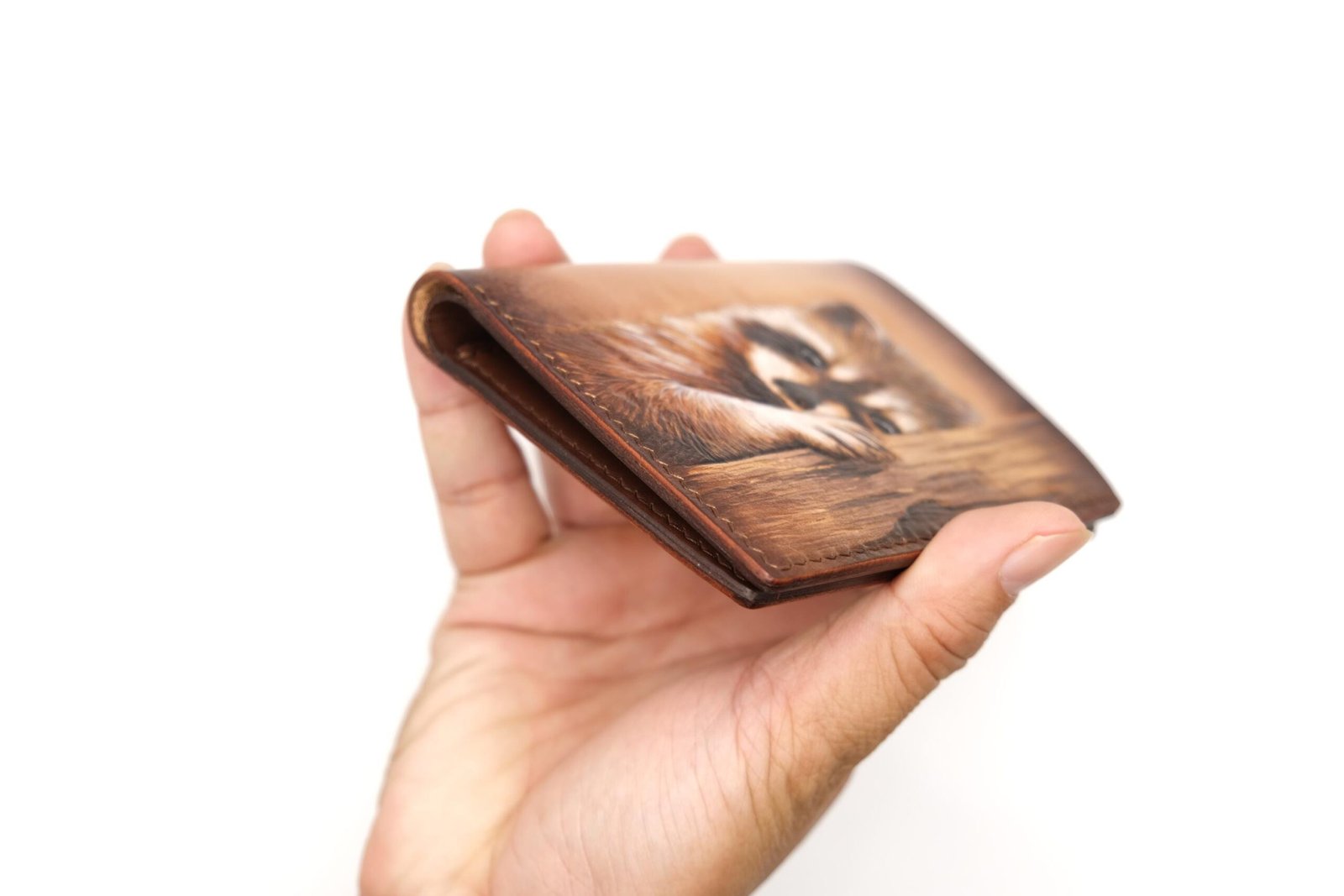 Vertical Bifold Leather Wallet with Hand-Carved Raccoon – Forest Wildlife Wallet, Unique Gift - Image 6