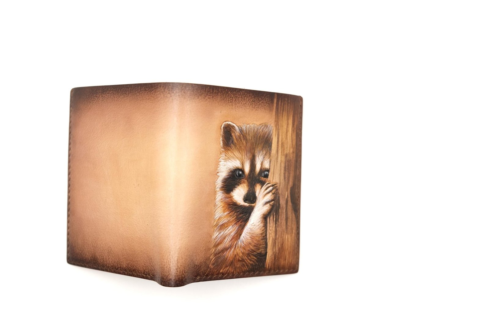 Vertical Bifold Leather Wallet with Hand-Carved Raccoon – Forest Wildlife Wallet, Unique Gift - Image 10