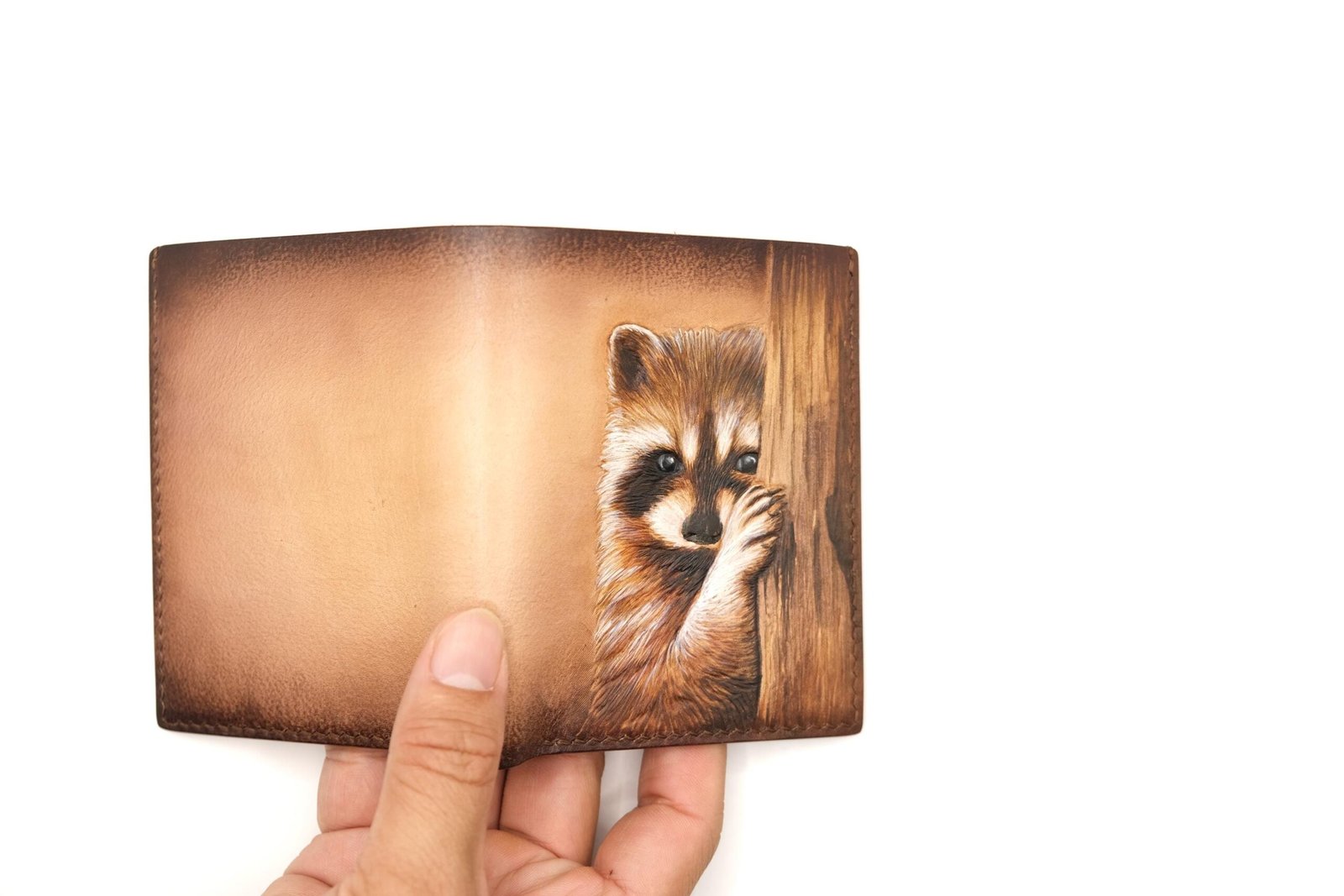 Vertical Bifold Leather Wallet with Hand-Carved Raccoon – Forest Wildlife Wallet, Unique Gift - Image 9