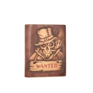 Vertical Bifold Leather Wallet with Carved Outlaw Skull – "Wanted" Western Wallet – Cowboy Skull Wallet