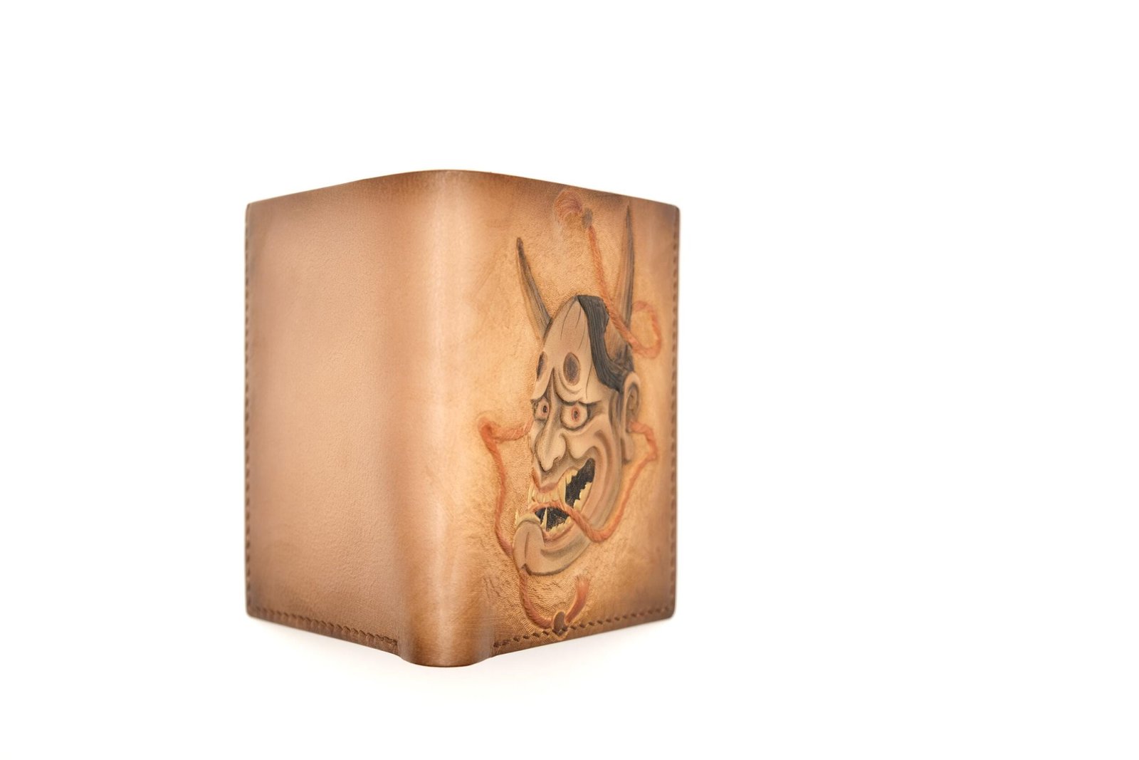 Tall Bifold Leather Wallet with Hand-Carved Japanese Oni Mask – Samurai Demon – Unique Wallet - Image 6
