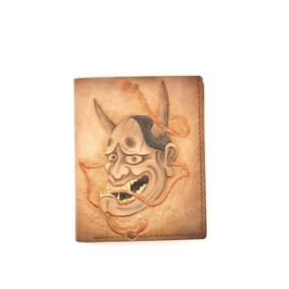 Tall Bifold Leather Wallet with Hand-Carved Japanese Oni Mask – Samurai Demon – Unique Wallet