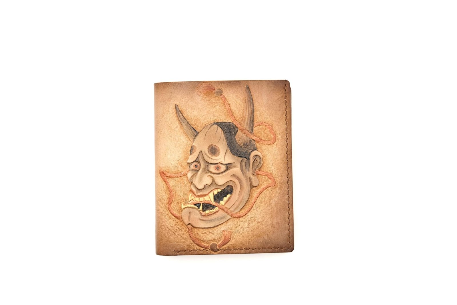 Tall Bifold Leather Wallet with Hand-Carved Japanese Oni Mask – Samurai Demon – Unique Wallet