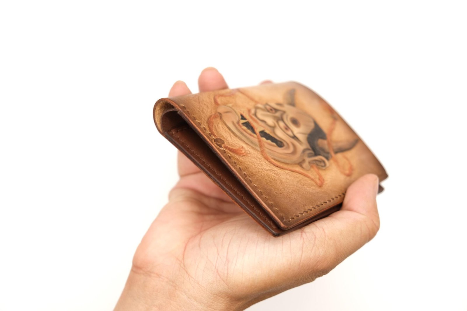 Tall Bifold Leather Wallet with Hand-Carved Japanese Oni Mask – Samurai Demon – Unique Wallet - Image 10