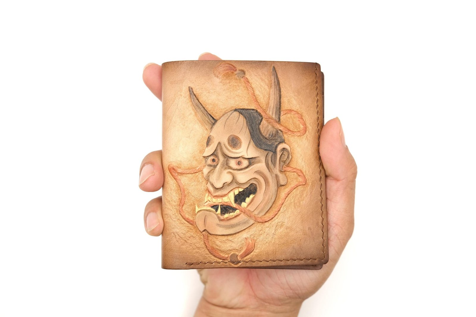 Tall Bifold Leather Wallet with Hand-Carved Japanese Oni Mask – Samurai Demon – Unique Wallet - Image 9