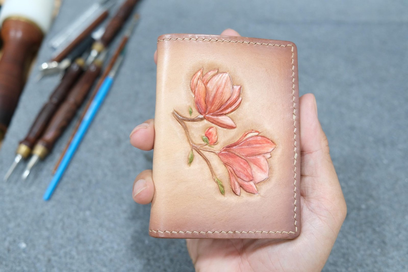 Alohaleather Hand-Carved Leather Wallet – Magnolia Blossom Mini Card Wallet - Image 6
