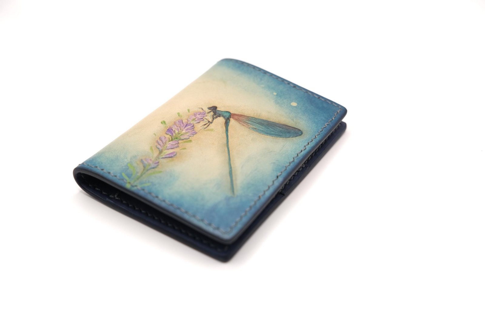 Alohaleather Hand-Carved Leather Wallet – Dragonfly Lavender Mini Card Wallet - Image 2