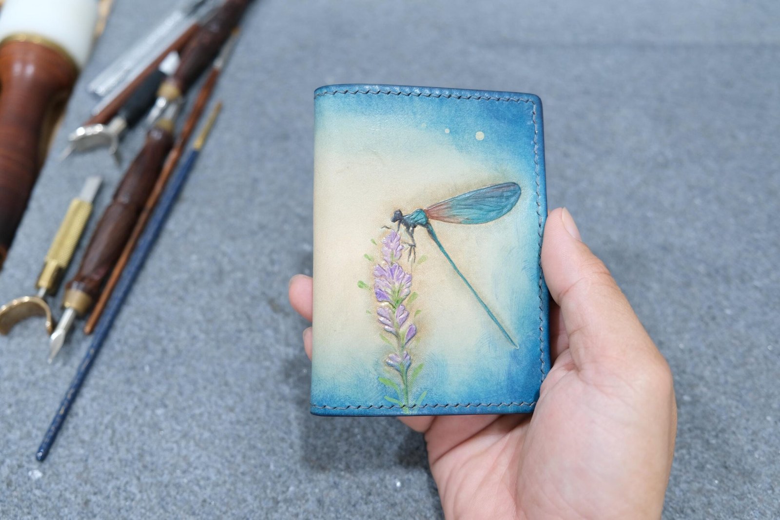Alohaleather Hand-Carved Leather Wallet – Dragonfly Lavender Mini Card Wallet - Image 4