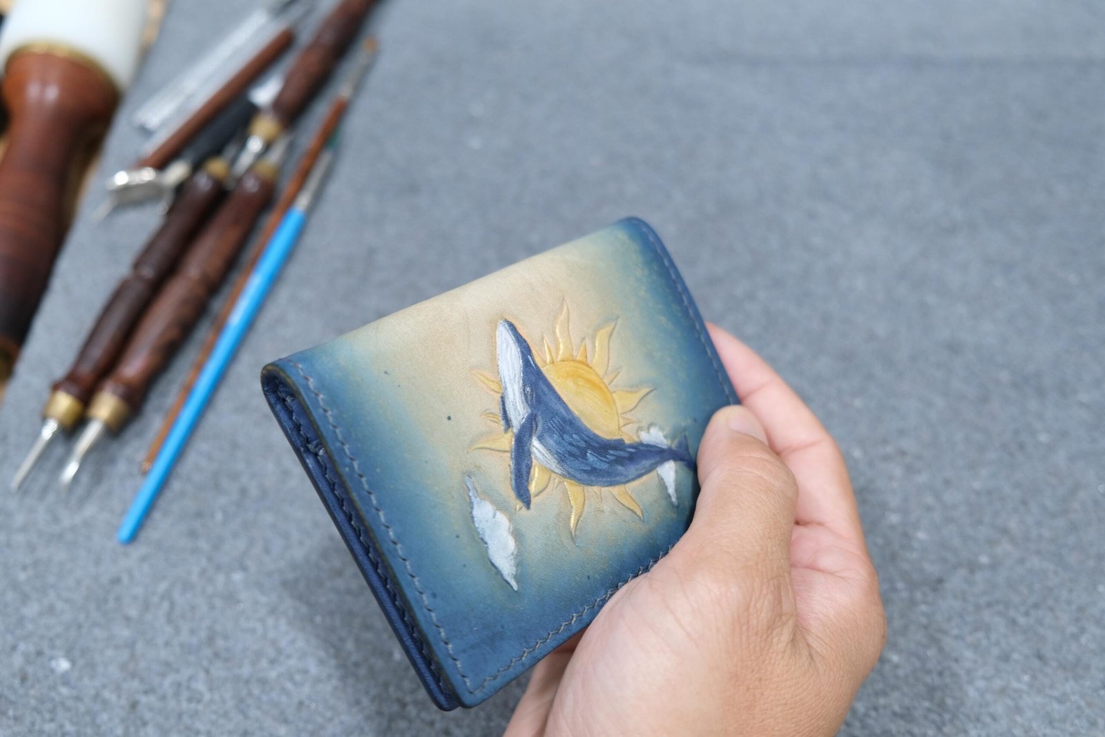 Alohaleather Hand-Carved Leather Wallet – Blue Whale Unique Wallet - Image 3