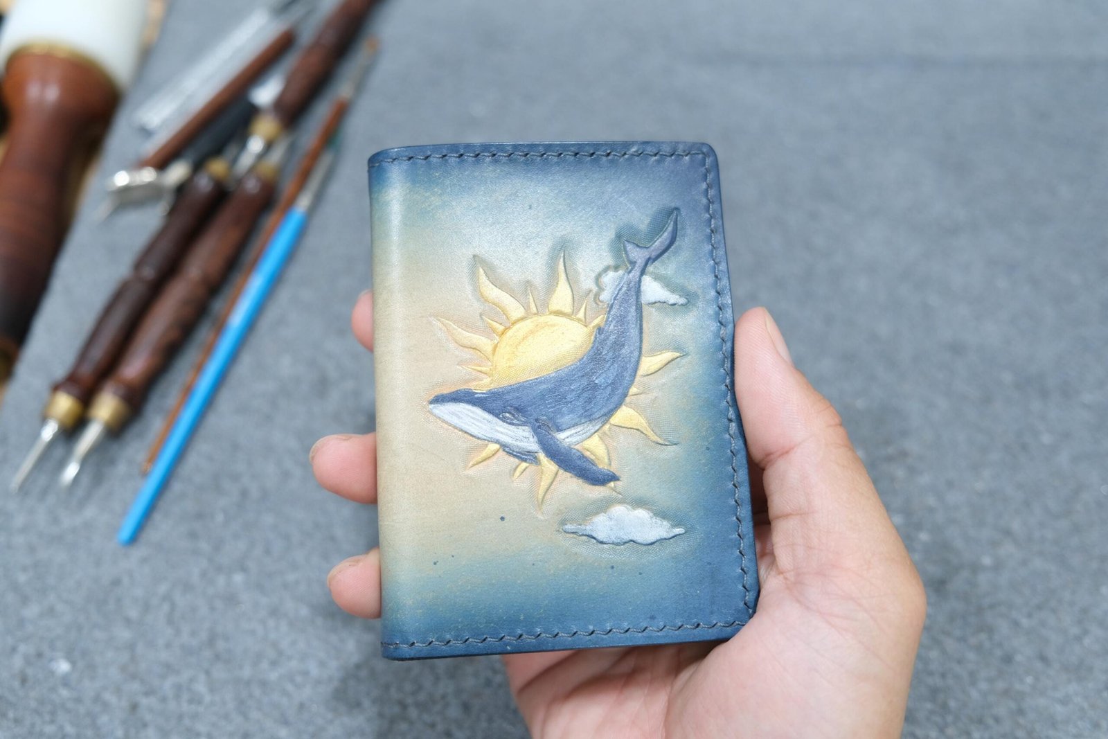 Alohaleather Hand-Carved Leather Wallet – Blue Whale Unique Wallet - Image 2