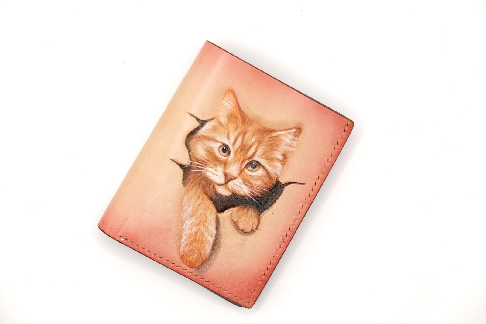 Hand-Carved, Hand Painted, Handmade Leather Wallet – Orange Cat Peeking Mini Card Wallet - Image 5
