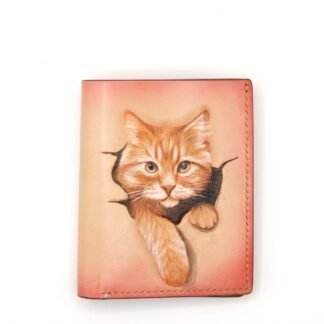 Hand-Carved, Hand Painted, Handmade Leather Wallet – Orange Cat Peeking Mini Card Wallet