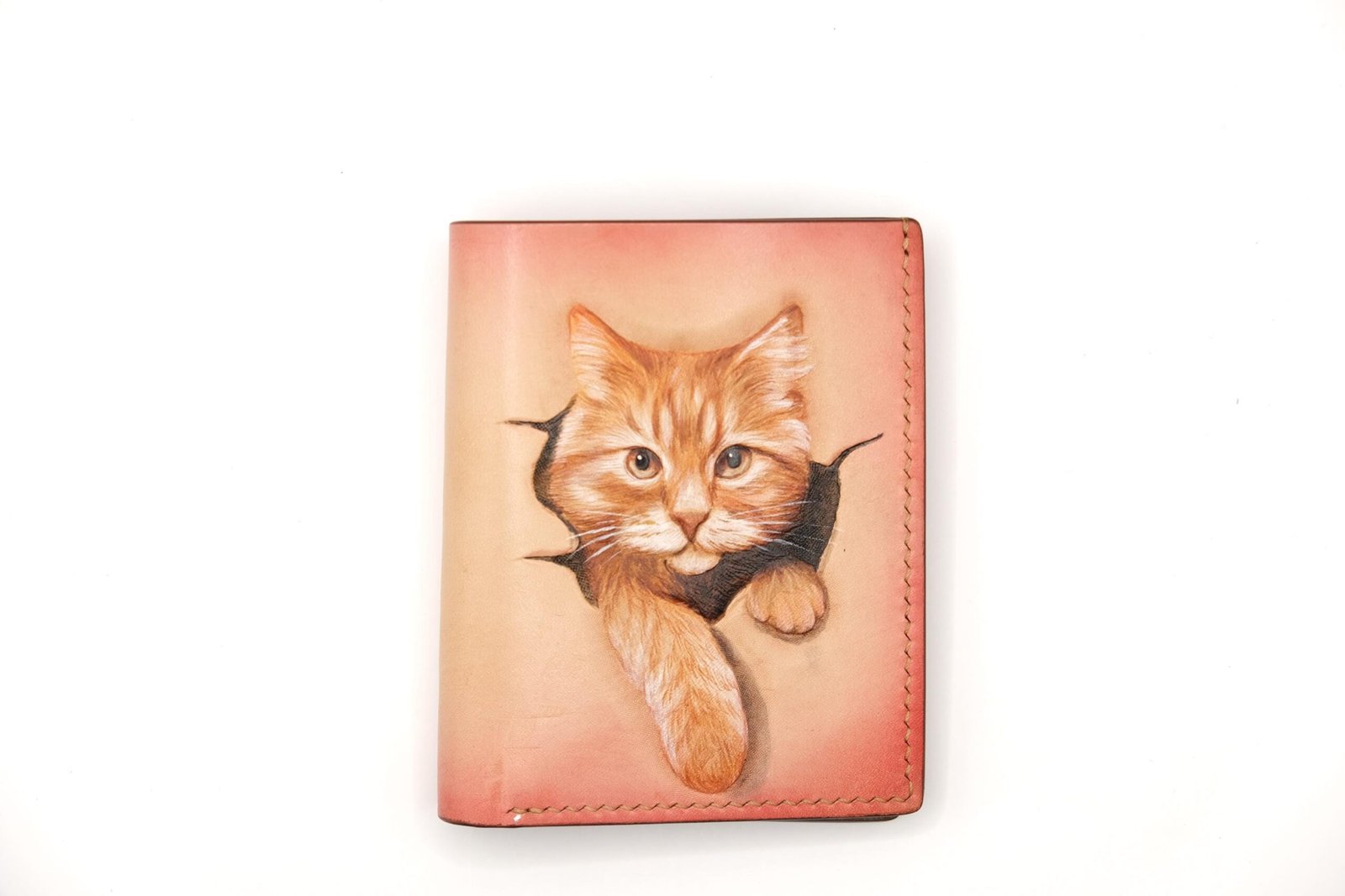 Hand-Carved, Hand Painted, Handmade Leather Wallet – Orange Cat Peeking Mini Card Wallet