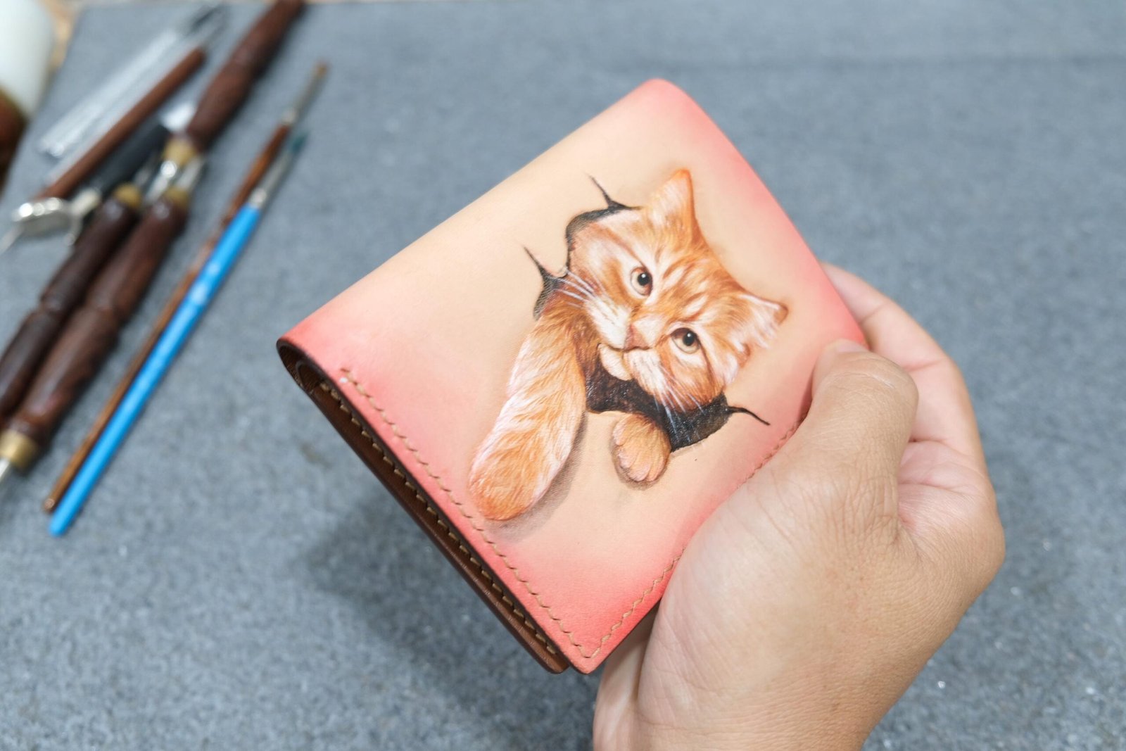 Hand-Carved, Hand Painted, Handmade Leather Wallet – Orange Cat Peeking Mini Card Wallet - Image 4