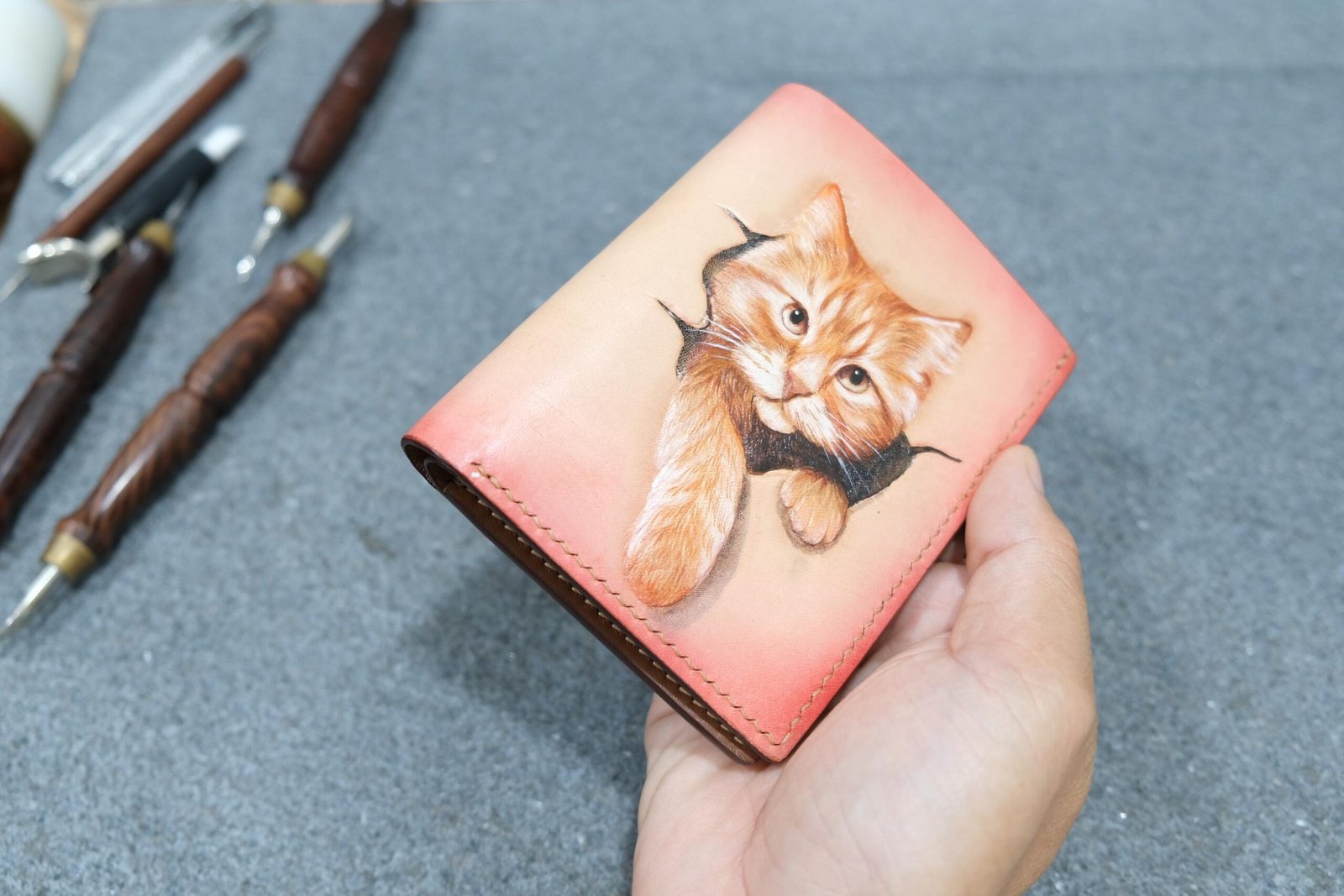 Hand-Carved, Hand Painted, Handmade Leather Wallet – Orange Cat Peeking Mini Card Wallet - Image 3