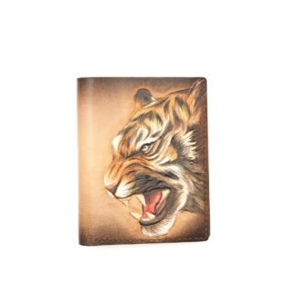 Tall Bifold Leather Wallet with Hand-Carved Roaring Tiger – Unique Gift for Men
