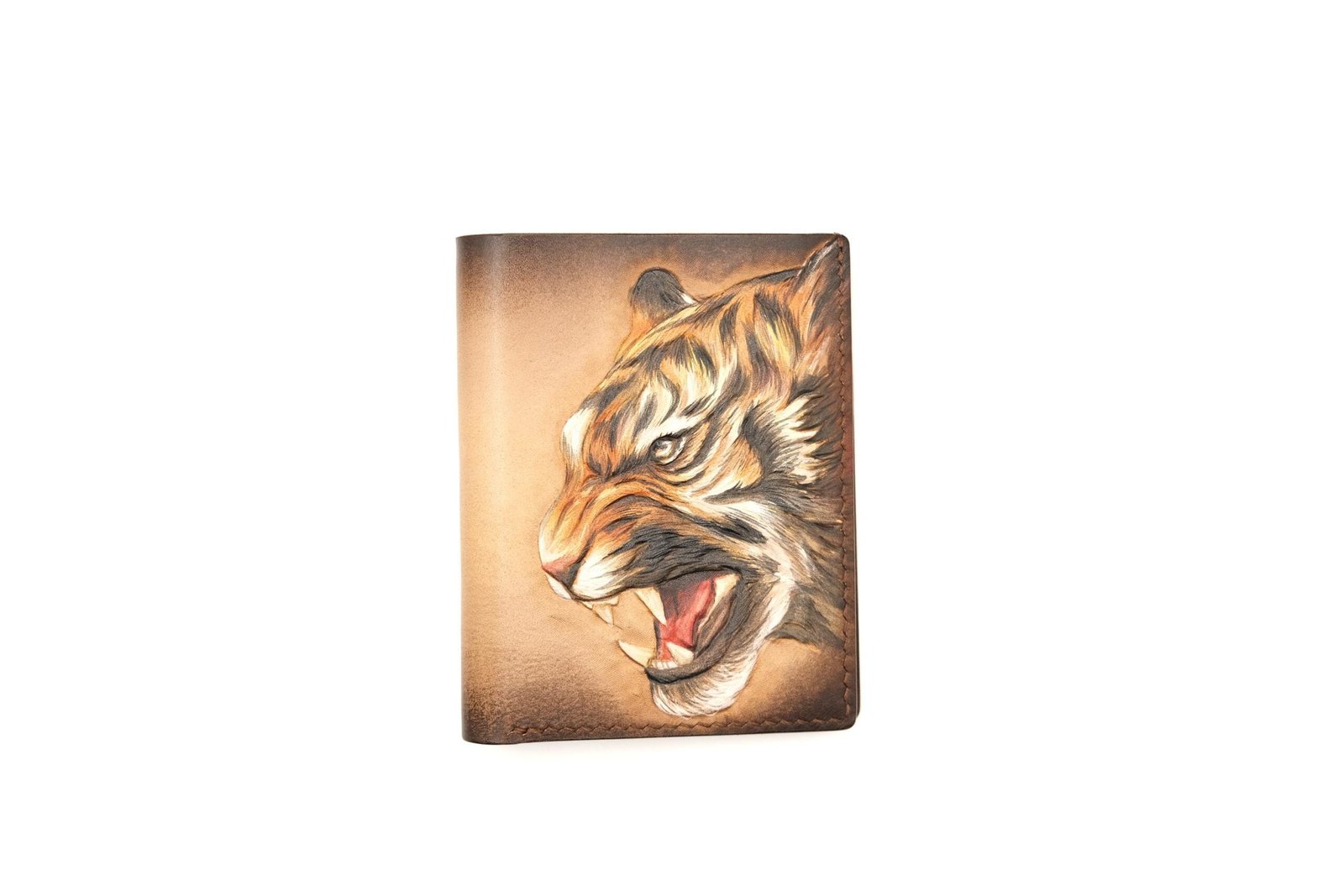 Tall Bifold Leather Wallet with Hand-Carved Roaring Tiger – Unique Gift for Men