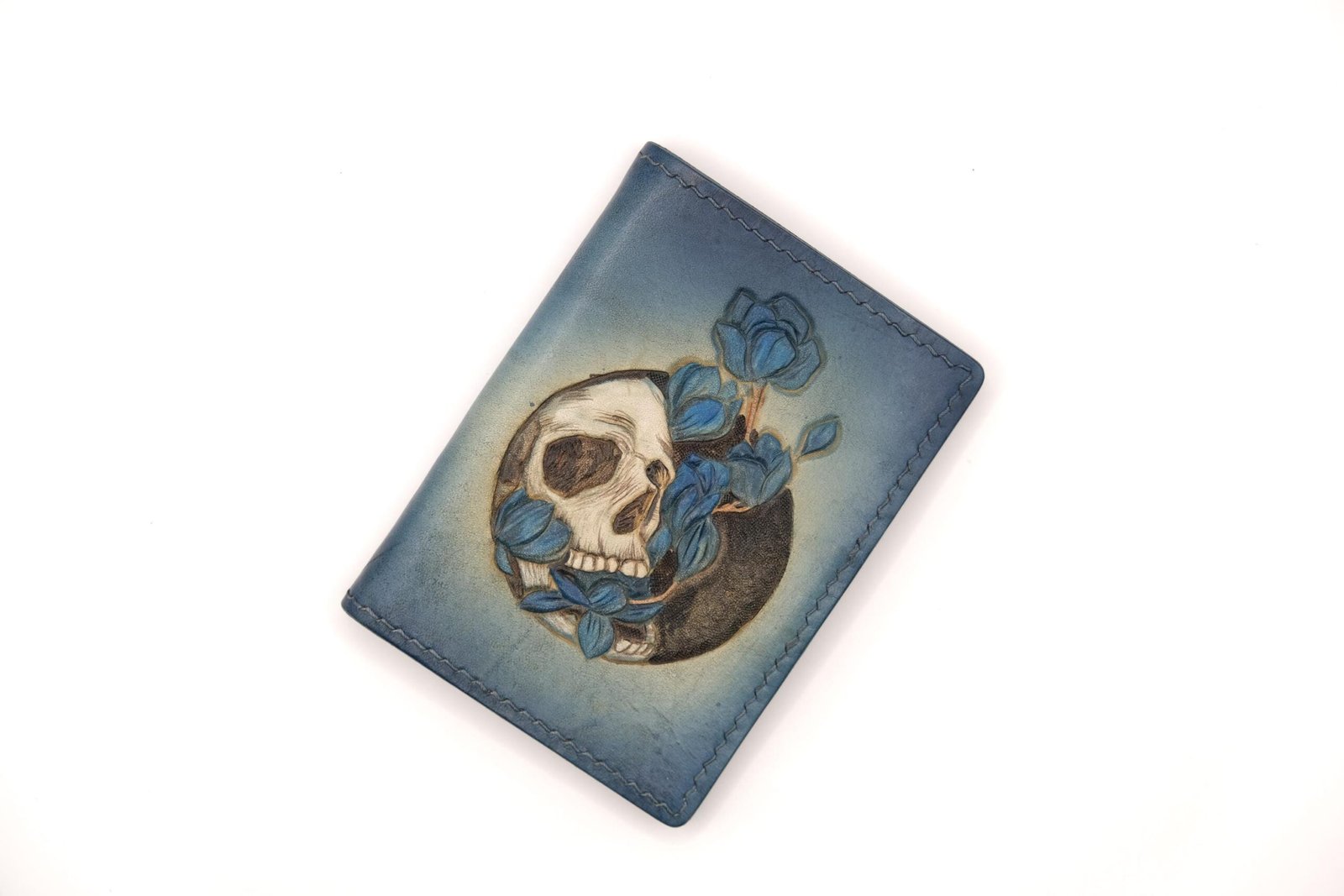 Mini Leather Wallet with Hand-Carved Skull and Blue Flowers – Gothic Style, Dark Floral Art Gift, Unique Gift - Image 5