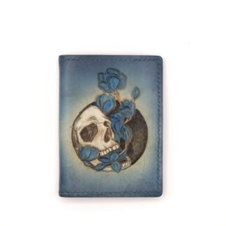 Mini Leather Wallet with Hand-Carved Skull and Blue Flowers – Gothic Style, Dark Floral Art Gift, Unique Gift