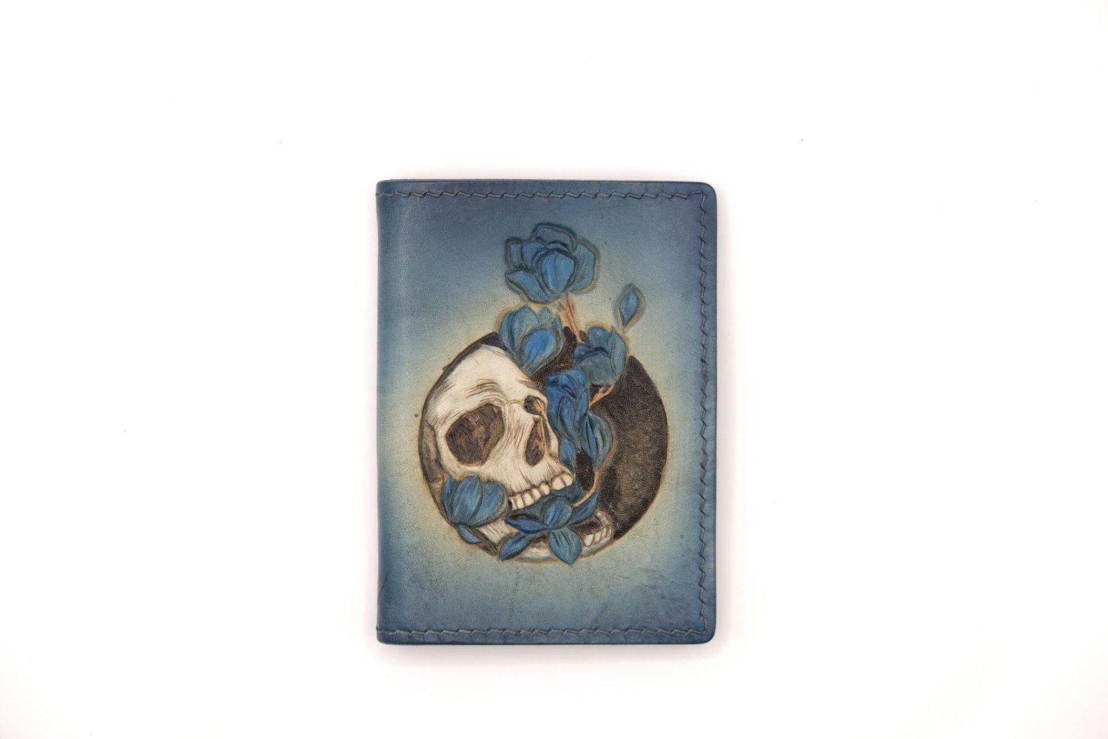 Mini Leather Wallet with Hand-Carved Skull and Blue Flowers – Gothic Style, Dark Floral Art Gift, Unique Gift