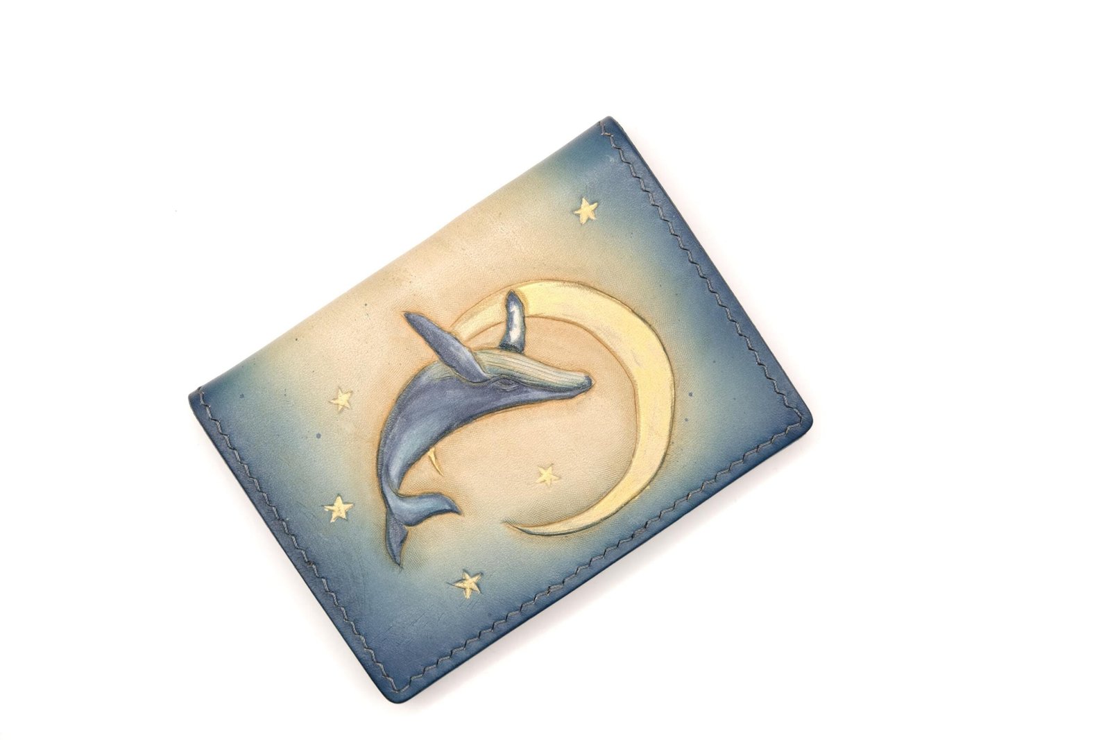 Mini Leather Wallet with Hand-Carved Whale and Moon – Handmade Unique Gift - Image 3