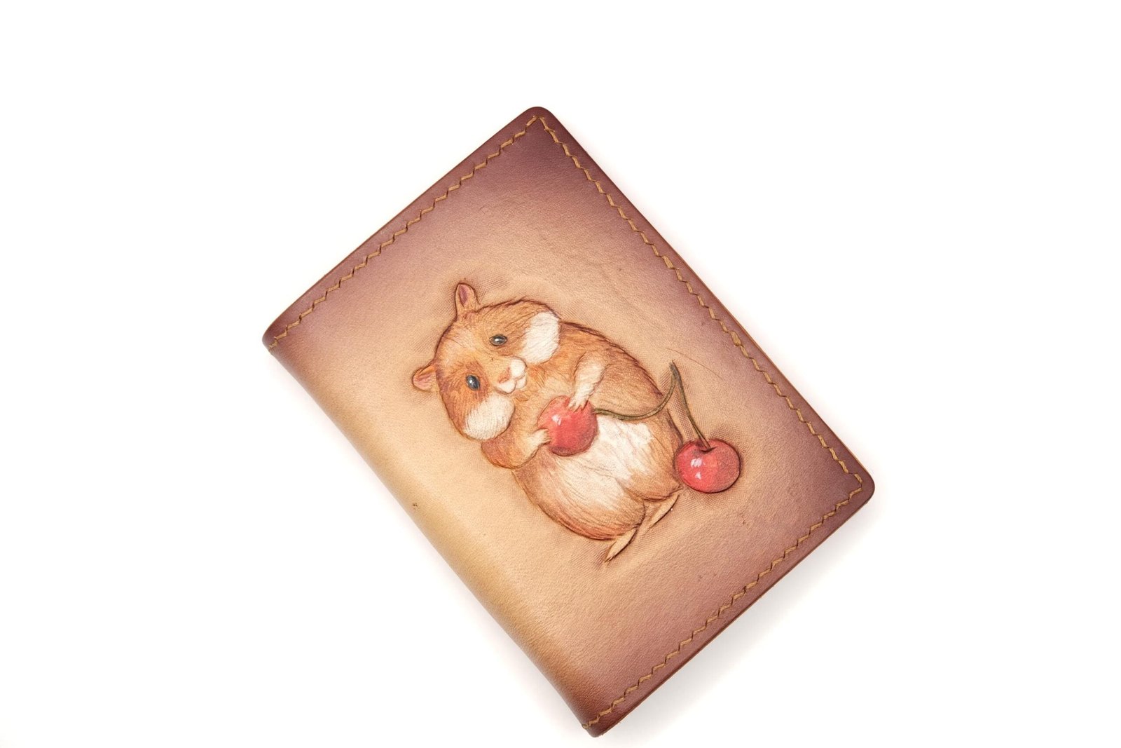 Mini Leather Wallet with Hand-Carved Hamster and Cherry – Handmade Adorable Gift - Image 3