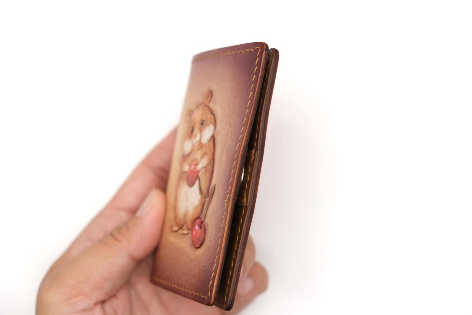 Mini Leather Wallet with Hand-Carved Hamster and Cherry – Handmade Adorable Gift - Image 7