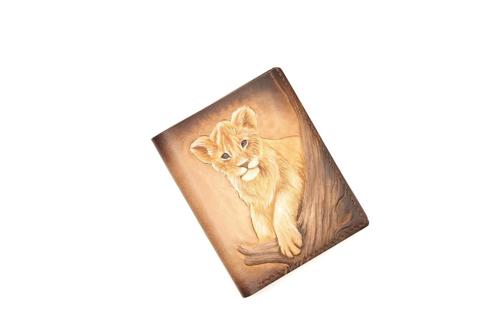 Hand-Carved Leather Tall Bifold Wallet with Lion Cub – Handmade Lion Lover Gift - Image 4