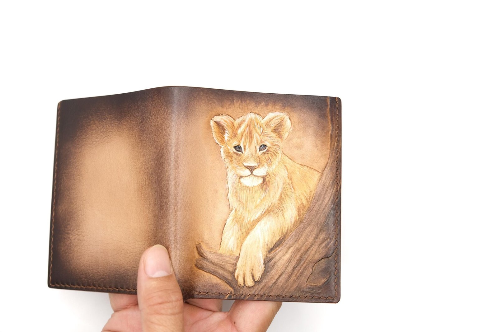 Hand-Carved Leather Tall Bifold Wallet with Lion Cub – Handmade Lion Lover Gift - Image 2