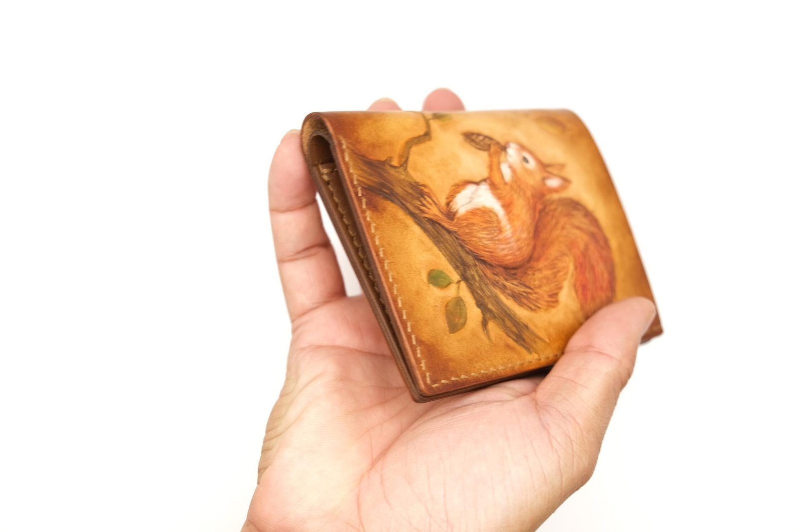 Tall Bifold Leather Wallet with Hand-Carved Squirrel Design - Image 7