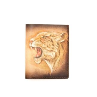 Tall Bifold Leather Wallet with a Hand-Carved Roaring Leopard