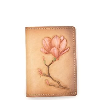 Mini Leather Wallet with Hand-Carved Magnolia – Pink Flower Wallet, Botanical Gift, Handmade Leather Slim Wallet