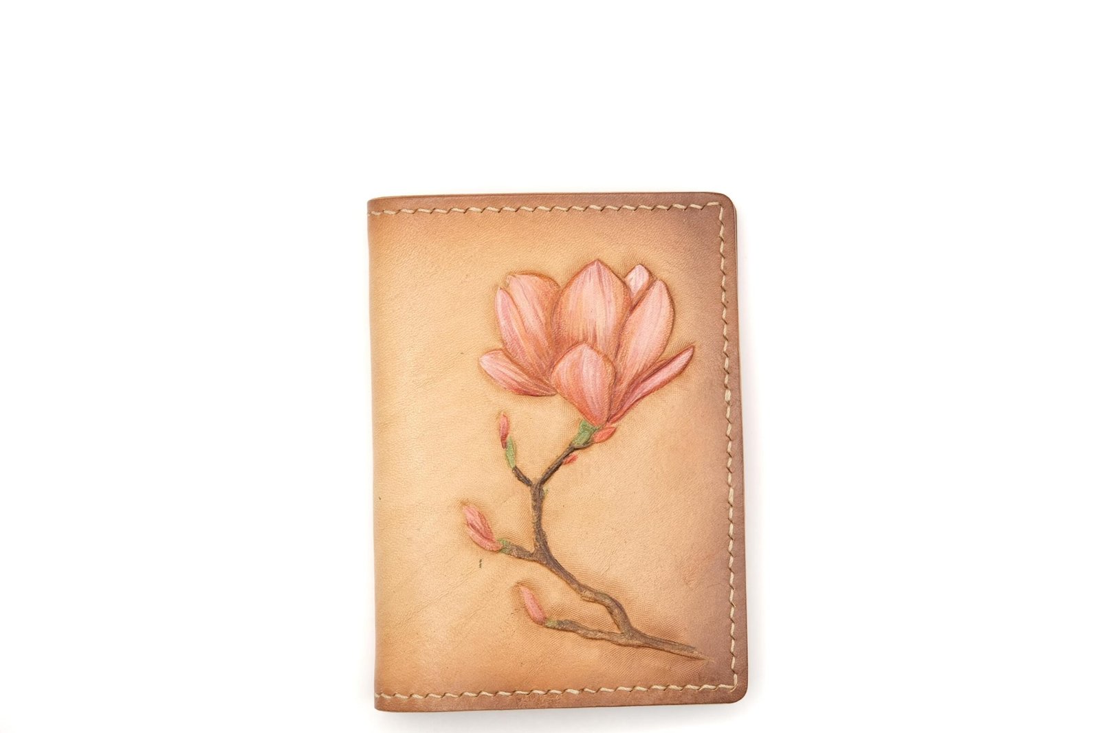 Mini Leather Wallet with Hand-Carved Magnolia – Pink Flower Wallet, Botanical Gift, Handmade Leather Slim Wallet