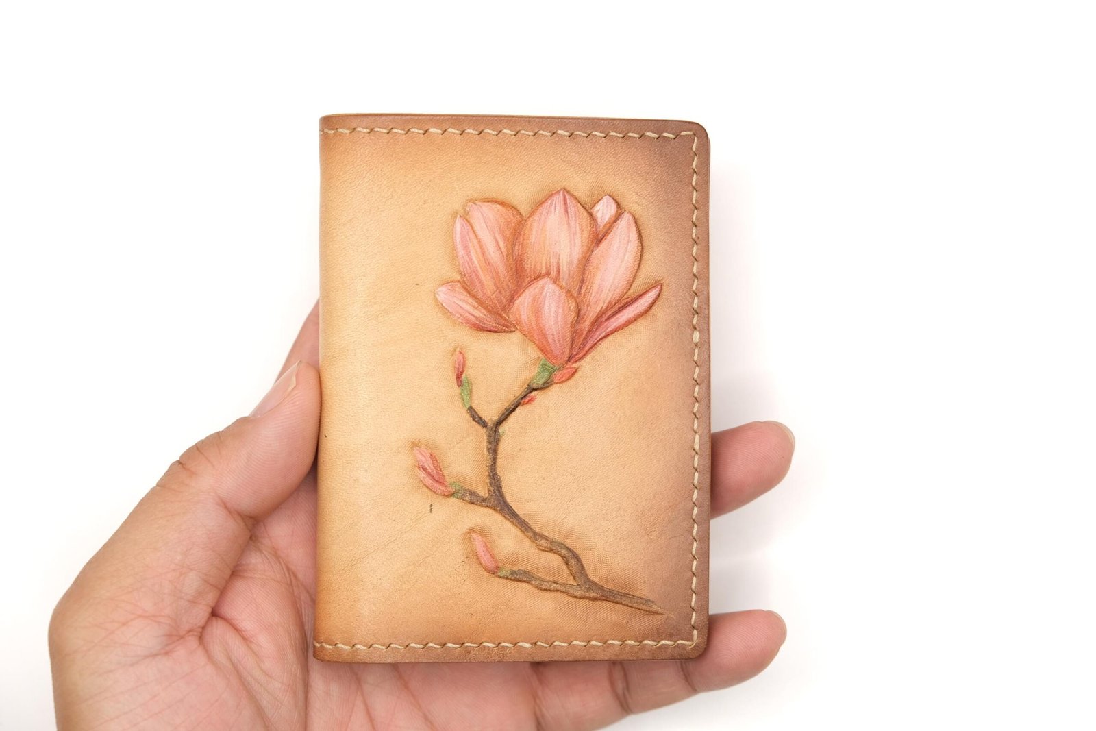 Mini Leather Wallet with Hand-Carved Magnolia – Pink Flower Wallet, Botanical Gift, Handmade Leather Slim Wallet - Image 6