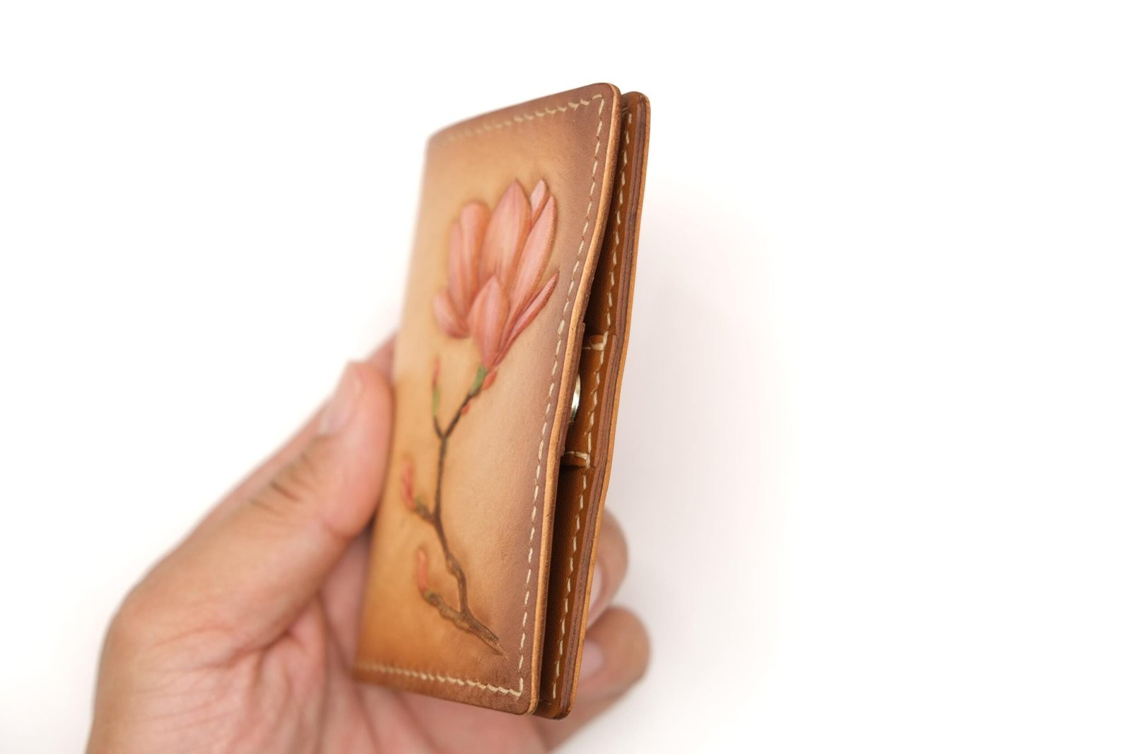 Mini Leather Wallet with Hand-Carved Magnolia – Pink Flower Wallet, Botanical Gift, Handmade Leather Slim Wallet - Image 7