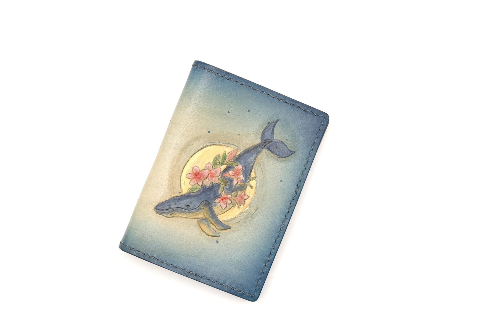 Mini Leather Wallet with Hand-Carved Whale and Roses – Floral Ocean Wallet, Whale Lover Gift - Image 3