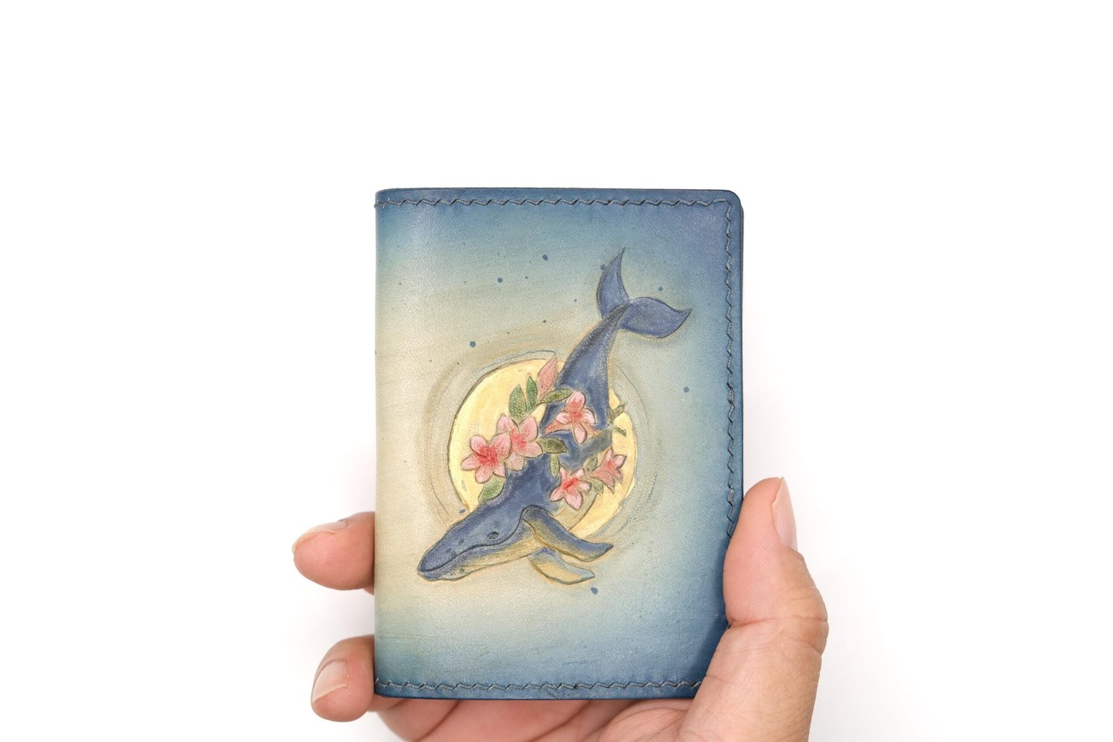 Mini Leather Wallet with Hand-Carved Whale and Roses – Floral Ocean Wallet, Whale Lover Gift - Image 5